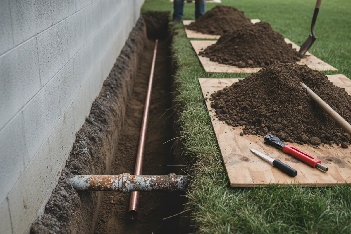 Excavated water line trench during Water Softener Installation in Gloucester